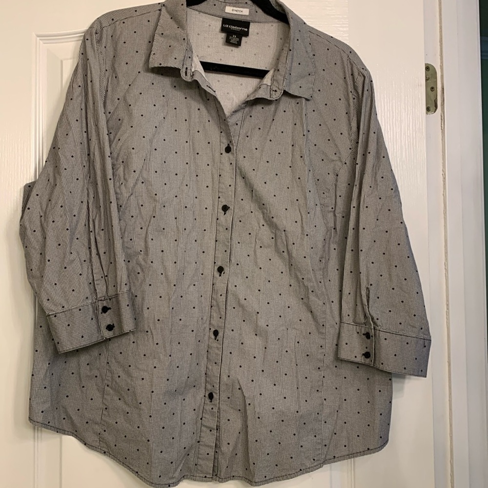 Button down blouse, gray and black, great condition.